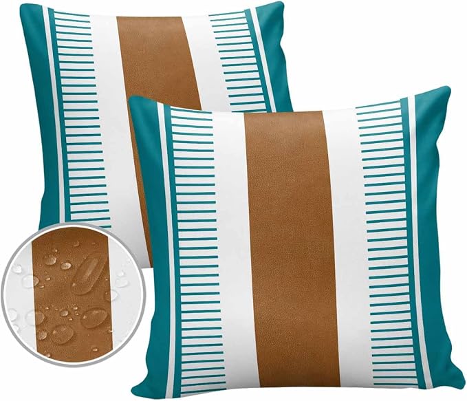 Outdoor Waterproof Throw Pillow Covers 24x24in, Farmhouse Boho Stripes Cushions for Garden Patio Furniture Chairs Set of 2, Teal Brown Home Decor Couch Sofa Polyester Pillow Cases