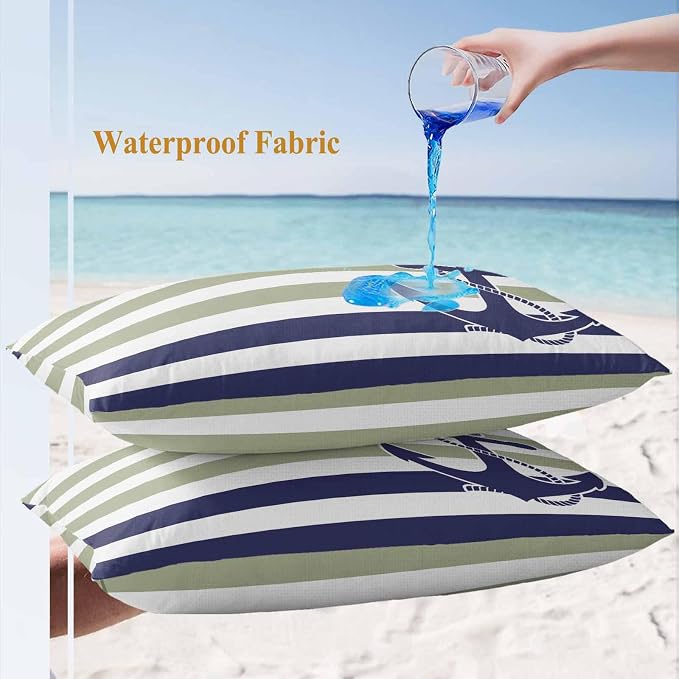 Lumbar Pillow Covers 20x12 Inch Set of 2, Striped Anchor Waterproof Outdoor Cushion Covers, Navy Blue Nautical Sage Green Geometric Decorative Pillowcases for Couch, Sofa, Bed, Garden, Patio
