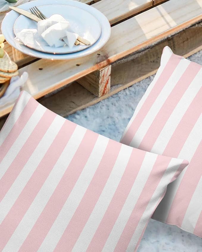 Outdoor Waterproof Throw Pillow Covers 24x24in, Pink Textures Cushions for Garden Patio Furniture Chairs Set of 2, Art Striped Home Decor Couch Sofa Polyester Pillow Cases