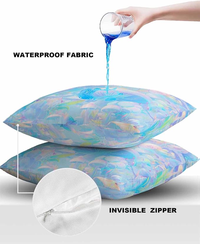 Outdoor Waterproof Throw Pillow Covers 24x24in, Soft Rainbow Colors Cushions for Garden Patio Furniture Chairs Set of 2, Abstract Mushroom Home Decor Couch Sofa Polyester Pillow Cases