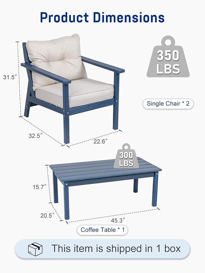 2 Seat HDPE Patio Conversation Set with Coffee Table, Outdoor Chairs Set | Water-Resistant Thick Cushion, HDPE All Weather, Wood-Grain, No Rot or Rust or Crack, UV Fade Shield, Easy-Clean for Outside