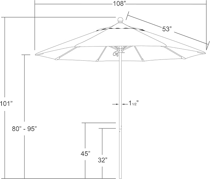 California Umbrella 9' Round Aluminum/Fiberglass Umbrella, Push Open, Silver Pole, Olefin Sunset Fabric