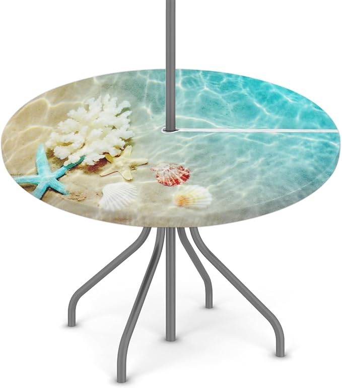 Fitted Round Tablecloth with Umbrella Hole and Zipper Starfish Coral Seashell Outdoor Elastic Table Cloth 45"-56" Oil-Proof Waterproof Summer Beach Patio Table Cover for Picnic Party