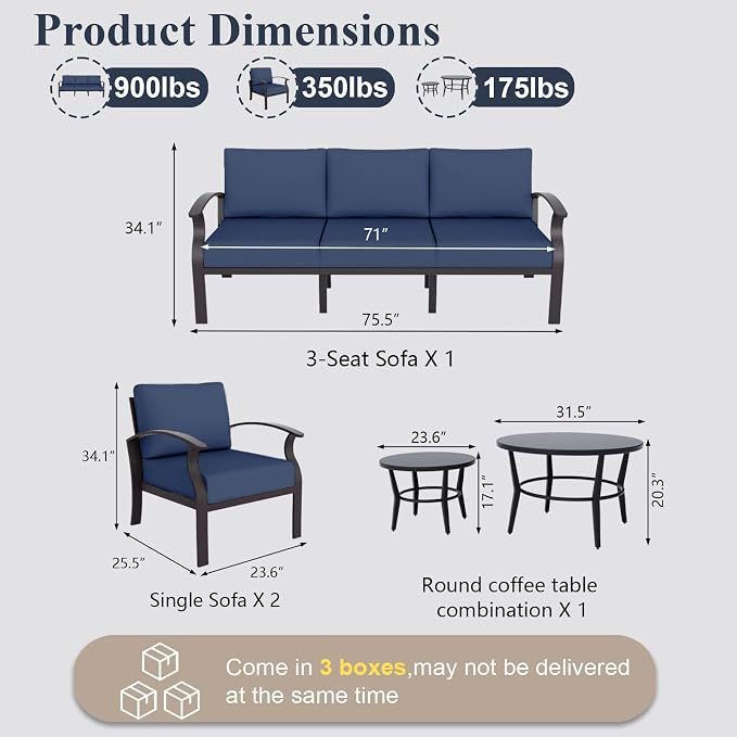 ALAULM Aluminum Patio Furniture Set with Round Coffee Tables, 5-seat Outdoor Sectional Furniture w/5.1" Cushions, Patio Conversation Set for Porch, Backyard, Poolside-Dark Blue