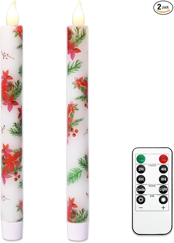 Christmas Flameless Taper Candles 2 Pack Christmas Poinsettia Flowers Battery Operated Candle with Remote Real Wax Flickering LED Fake Candle Home Decor for Xmas New Year Wedding Party