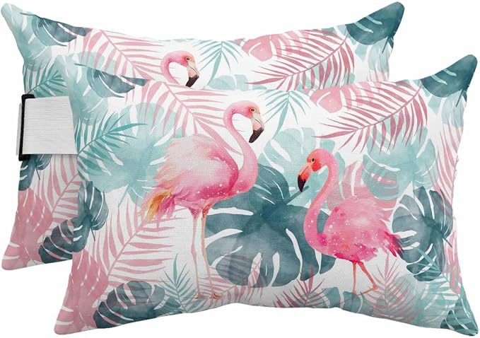 Outdoor Lumbar Pillow Set of 2, Flamingos Waterproof Beach Headrest Pillow with Inserts, Green Summer Monstera Leaves Tropical Botanical Recliner Throw Pillows for Patio Furniture, 11 x 16