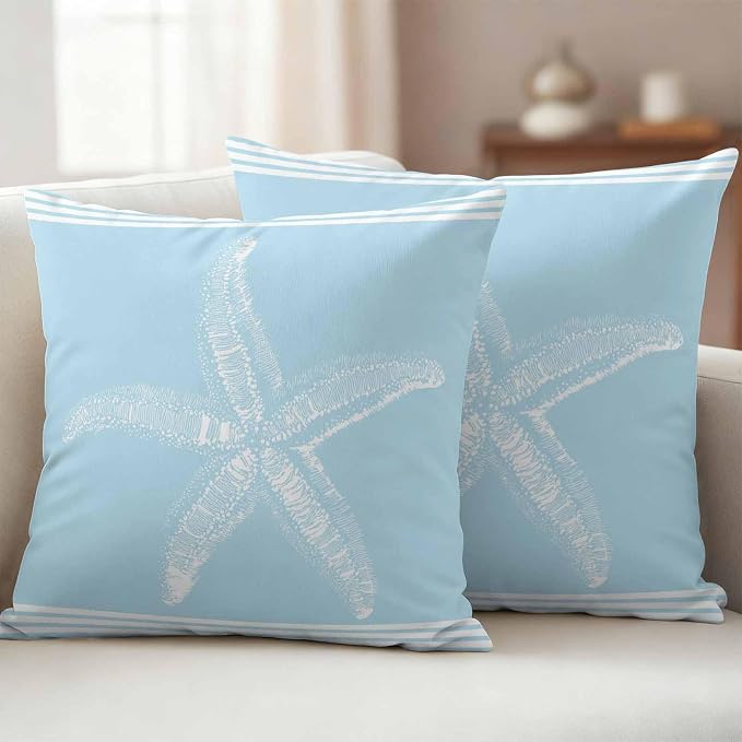 Coastal Starfish Outdoor Waterproof Throw Pillow Covers 24"x24" Set of 2, Ocean Starfish Summer Stripe Sky Blue Decorative Garden Pillowcase with Zipper Cushion Case for Patio Couch Tent