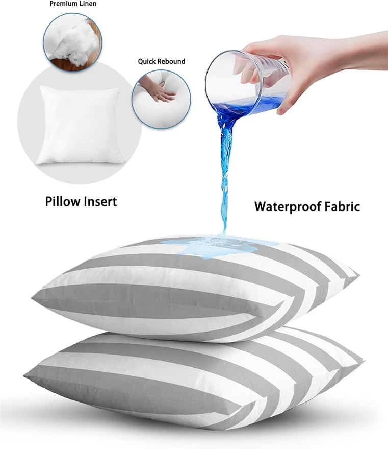 Waterproof Outdoor Pillow 1 Pack Grey White Stripe Decorative Throw Pillows Cover & Insert 20x12 Inch Lumbar Pillowcase Simple Style Striped Pillows for Couch Sofa Bed Patio Furniture Indoor Outdoor