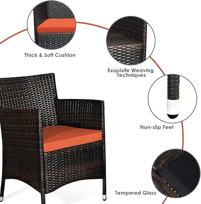 4 Pieces Patio Sofa Set, Wicker Conversation Set with Ergonomic Curved Backrest, Patio Rattan Furniture Set with Water-Resistant Cushion & Tempered Glass Table for Balcony, Porch (Orange)