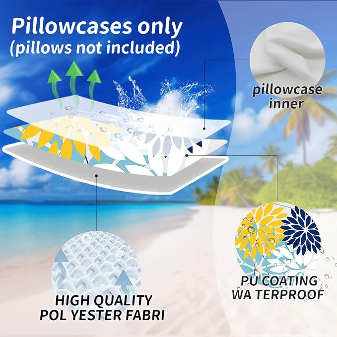 DFXSZ Pack of 2 Outdoor Waterproof Throw Pillow Covers 20x20 Yellow Blue | Polyester Colorful Spring Summer Floral Decorative Cushion Cases(NO INSERT),For Couch Patio Funiture Garden Home Decor
