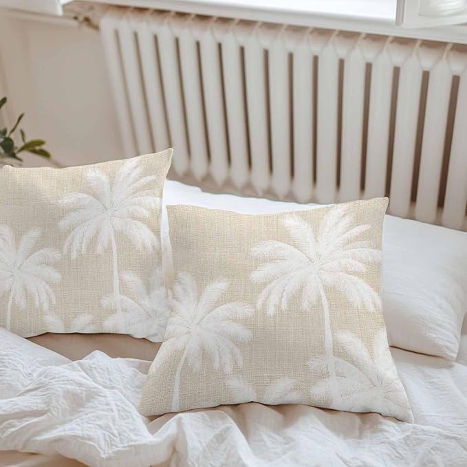 Outdoor Pillow Covers 26x26 Inch Set of 2, Beige Palm Trees Waterproof Throw Pillow Covers, Farmhouse Tropical Summer Beach Decorative Cushion Pillowcases for Couch, Sofa, Bed, Garden, Patio