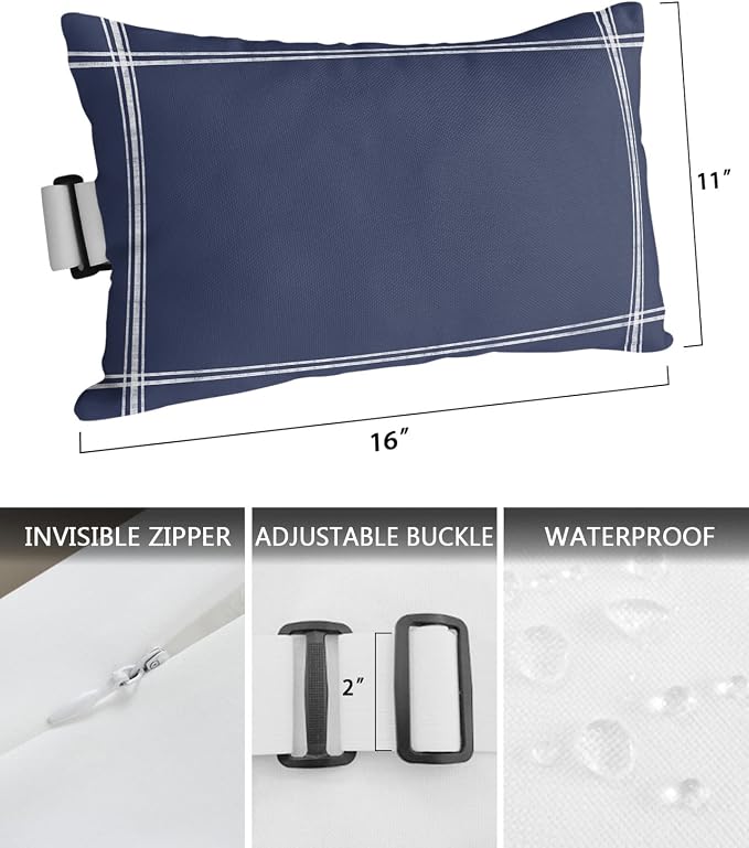 Outdoor Pillows Covers with Inserts Solid Color Blue Waterproof Recliner Pillow with Adjustable Strap Throw Pillows for Patio Furniture Pool Lounge Chair, 11x16 inch, 1PCS