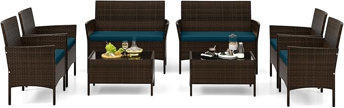 Tangkula 8 Piece Patio Rattan Conversation Set, Outdoor Wicker Furniture Set with Chair, Loveseat & Tempered Glass Table, Cozy Seat Cushions, Outside Sectional Sofa Set for Backyard (2, Peacock Blue)