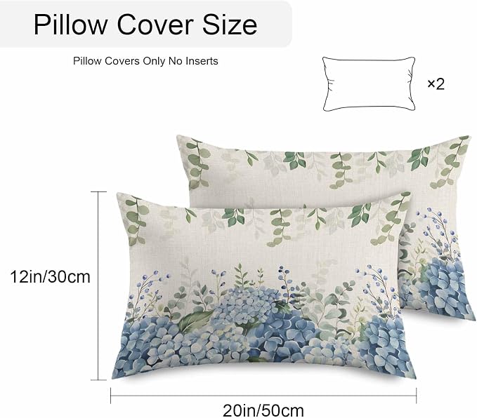 Hydrangea Flower Outdoor Throw Pillow Covers Waterproof Eucalyptus Pillow Cases 16x16in,Green Leaf Retro Linen Decorative Boho Pillow Covers Cushion Cases for Couch Sofa Patio Garden 2 Pack