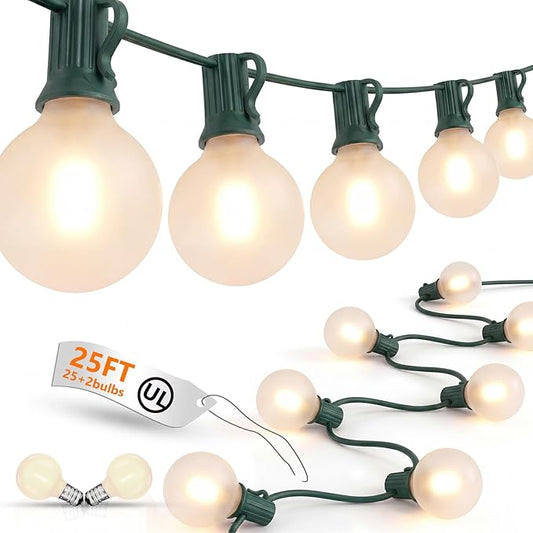 25Ft Outdoor Christmas Lights, Dimmable G40 LED Patio String Lights with 27 Frosted White Globe Bulbs, Green Wire Outdoor Christmas Decorations Lights Waterproof for Wedding Party Porch Backyard