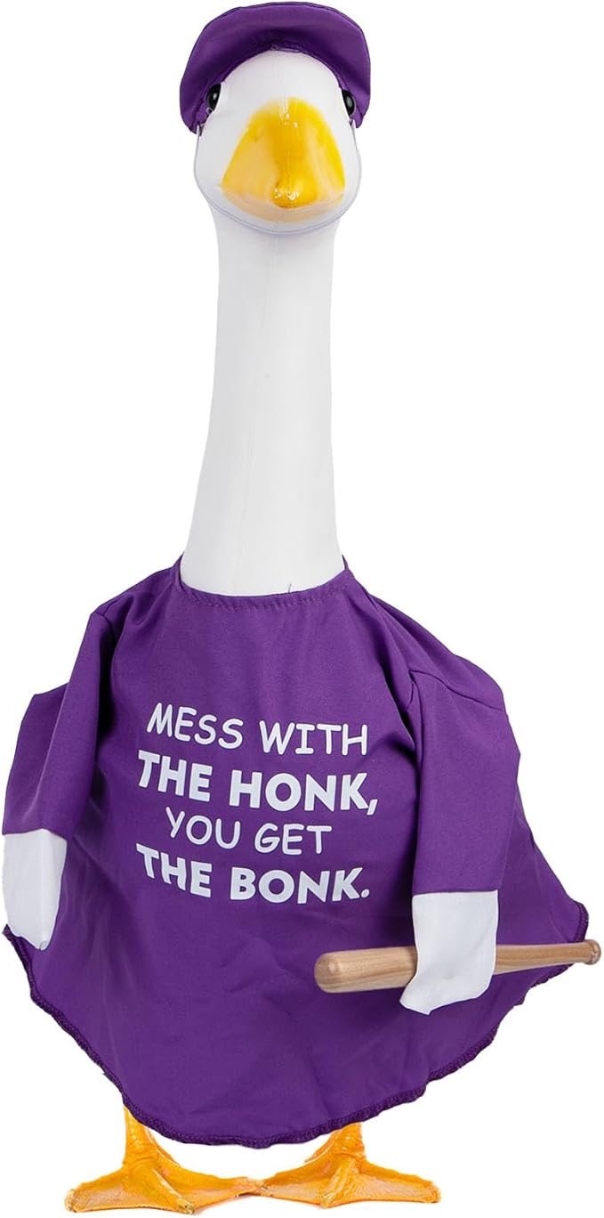 CAMDUCK Funny Porch Goose Outfit for 23 Inch Goose Statue, Mess with The Honk You Get The Bonk Goose Clothes, Decorative Lawn Geese Costume Clothing for Outdoor Decor (Purple)