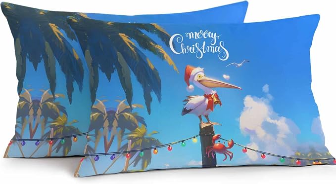 Vandarllin Christmas Outdoor Throw Pillows Covers 20x12 inch Set of 2 Waterproof Pelican Crab Decorative Zippered Cushion Covers for Patio Furniture, Palm Trees Beach Blue Sky Lumbar Pillowcases