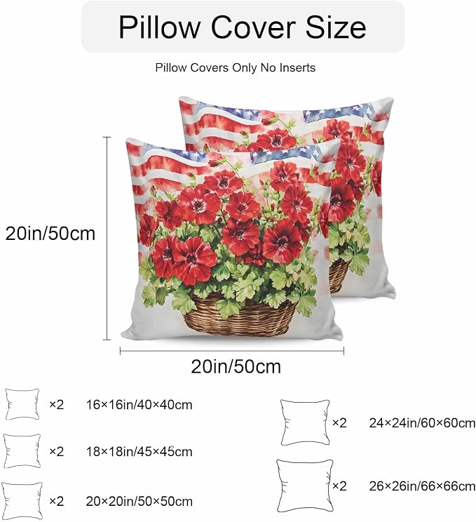 4th of July Flower Waterproof Outdoor Pillow Covers Set of 2 Home Decor, Vintage Red Stripe Flag Poppy Floral Pillowcase Patio Pillow Covers for Couch Bench Furniture Garden 26x26in