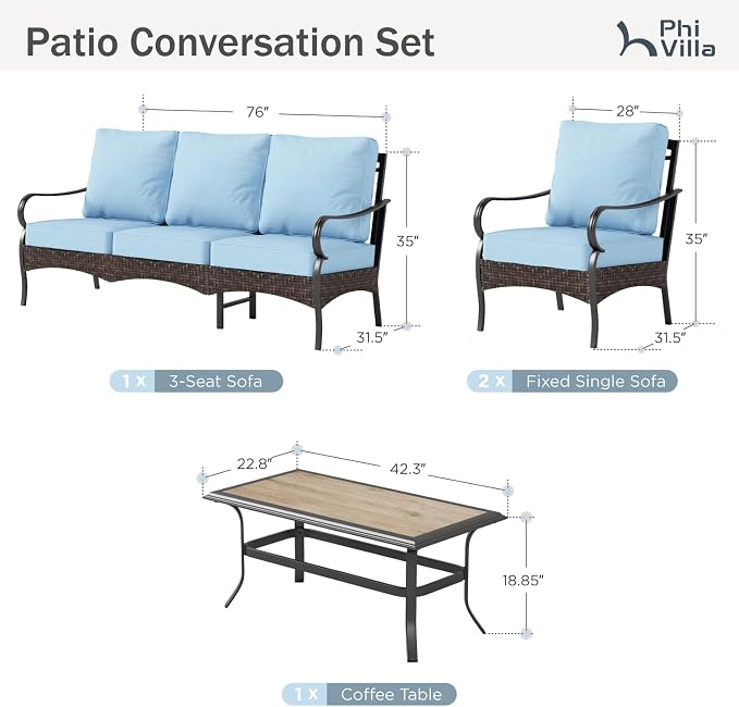 PHI VILLA Outdoor Modern Patio Furniture Set, Upgraded Wicker & Metal Patio Furniture Conversation Set with Waterproof Thick Cushions for Porch, Poolside, Yard (4 Pieces,Blue)