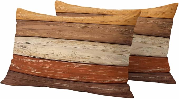 Farmhouse Burnt Orange Brown Outdoor Waterproof Pillow Covers, Vintage Wooden Striped Decorative Rectangle Throw Pillowcase Sofa Cushion Sham for Patio/Couch/Chair, 20"x12" 2 Pack