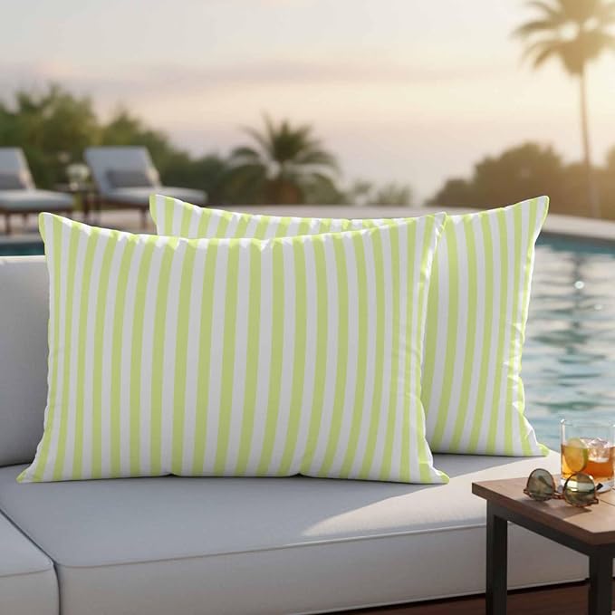 Lumbar Pillow Covers 20x12 Inch Set of 2, Yellow White Stripe Waterproof Outdoor Cushion Covers, Modern Minimalist Geometric Striped Decorative Pillowcases for Couch, Sofa, Bed, Garden, Patio