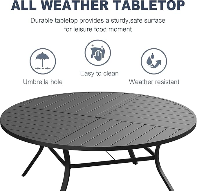 VICLLAX 11 Pieces Patio Outdoor Dining Set, 60" Large Round Metal Table with Umbrella Hole and 10 Stackable Textilene Chairs for Patio, Lawn, Garden, Porch, Black/Brown