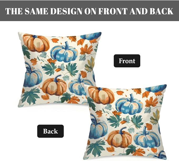 22x22 Inch Outdoor Pillow Covers Set of 2 Waterproof Throw Pillow Covers Decorative Couch Cushion Covers Blue Pumpkin Fall Leaf Square Pillowcases Protectors for Patio Garden Sofa