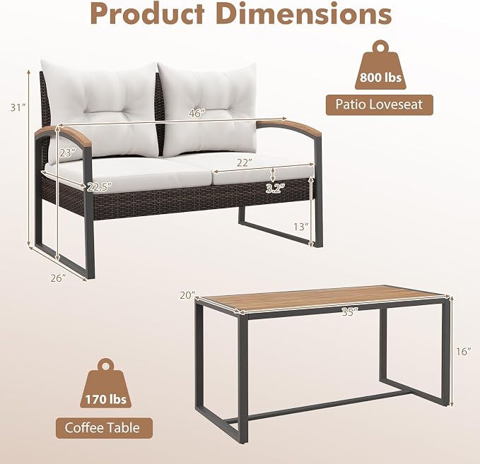 Tangkula 2 Pieces Patio Wicker Furniture Set, Heavy Duty Outdoor Cushioned Loveseat with Acacia Wood Coffee Table, for Backyard, Balcony, Deck and Poolside (Off White)
