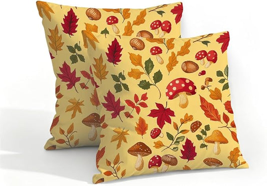 16x16 Inch Outdoor Pillow Covers Set of 2 Waterproof Throw Pillow Covers Decorative Couch Cushion Covers Mushrooms Leaves Fall Square Pillowcases Protectors for Patio Garden Sofa