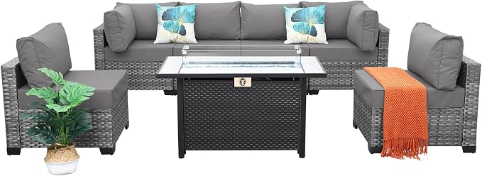 Lviden 7 Pieces Wicker Patio Furniture Set Rattan Outdoor Sectional Conversation Sofa Set with Fire Pit Table Non-Slip Cushions and Furniture Cover, Light Grey