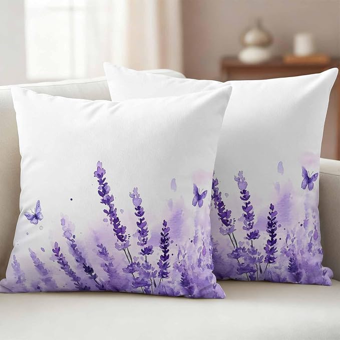 Spring Purple Lavender Outdoor Waterproof Throw Pillow Covers Set of 2, 24"x24", Country Watercolor Purple Floral Butterfly Decorative Pillow Covers Outside Cushion Case for Patio Porch Garden