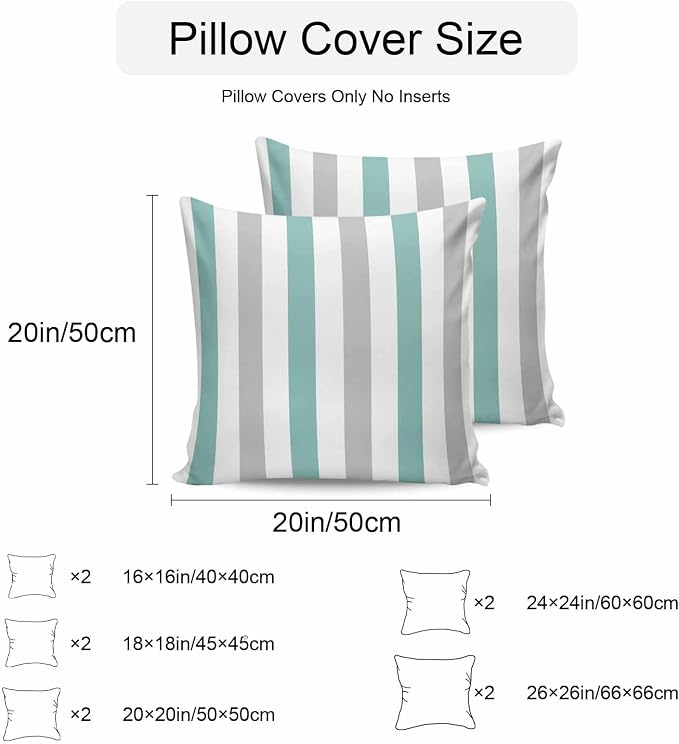 Turquoise Gray Striped Waterproof Outdoor Pillow Covers Set of 2 Home Decor, Farmhouse Stripe Art Pillowcase Patio Pillow Covers for Couch Bench Furniture Garden 16x16in