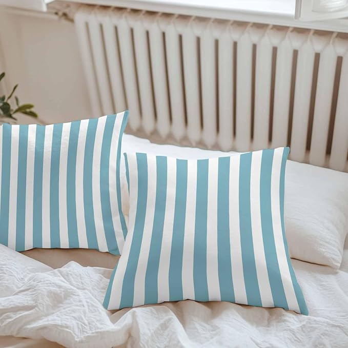 Aqua Striped Outdoor Waterproof Throw Pillow Covers 24x24 Set of 2, Modern Farmhouse Blue White Stripes Decorative Pillowcases Cushion Pillowcase for Couch Sofa Patio Outside Pillow Protector