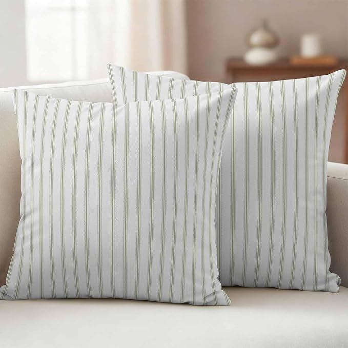 Sage Green Striped Outdoor Pillow Covers 26x26 Inch Throw Pillow Covers Set of 2 Waterproof Decorative Pillow Cases Sage Green White Stripes Farmhouse Cushion Covers for Patio Furniture Garden Couch