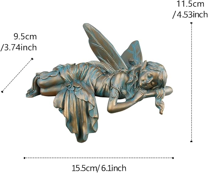 Vintage Bronze Sleeping Fairy Statue Outdoor Garden Decor, 6.1" Resin Angel Figurine Home Shelf Sitter Yard Art Sculpture for Patio Lawn Porch Ornaments