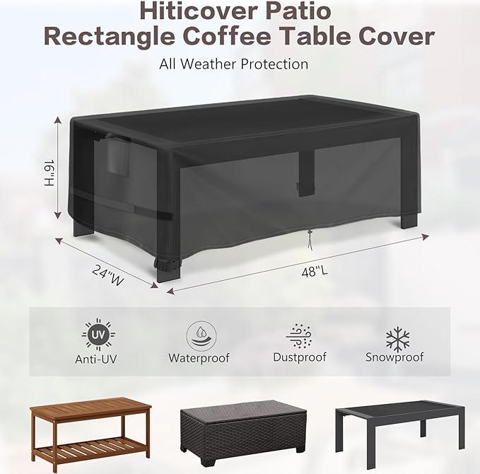 Outdoor Coffee Table Cover Rectangle, 48 Inch Waterproof Patio Rectangular Coffee Table Cover, Outdoor Small Furniture Covers for Winter, Rainproof Fade Resistant - 48 x 24 x 16 Inch