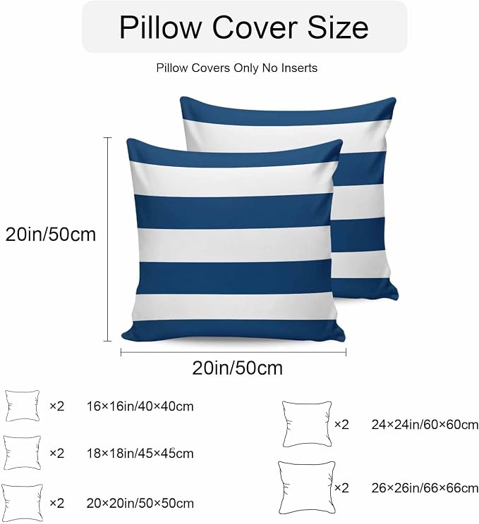 Outdoor Waterproof Throw Pillow Covers Set of 2 Navy Blue White Stripe Pillowcases 24x24 Inches Simple Style Striped Decorative Pillows Cushion Case Patio Pillows for Couch Bed Chair Garden