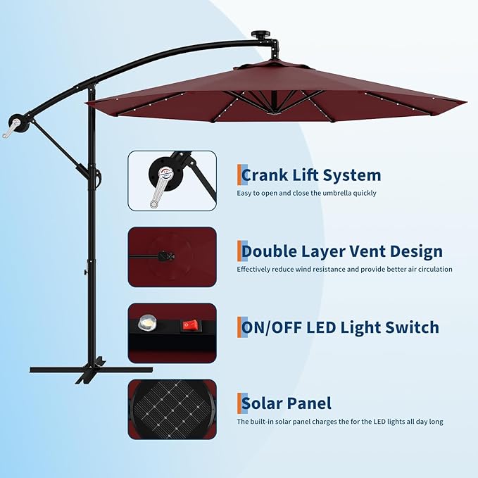 10FT Cantilever Patio Umbrella with Solar LED Lights - Heavy Duty 2-Tier Square Aluminum Offset Outdoor Umbrella, 360° Rotation for Poolside, Backyard, Deck Outdoor Use, Tan