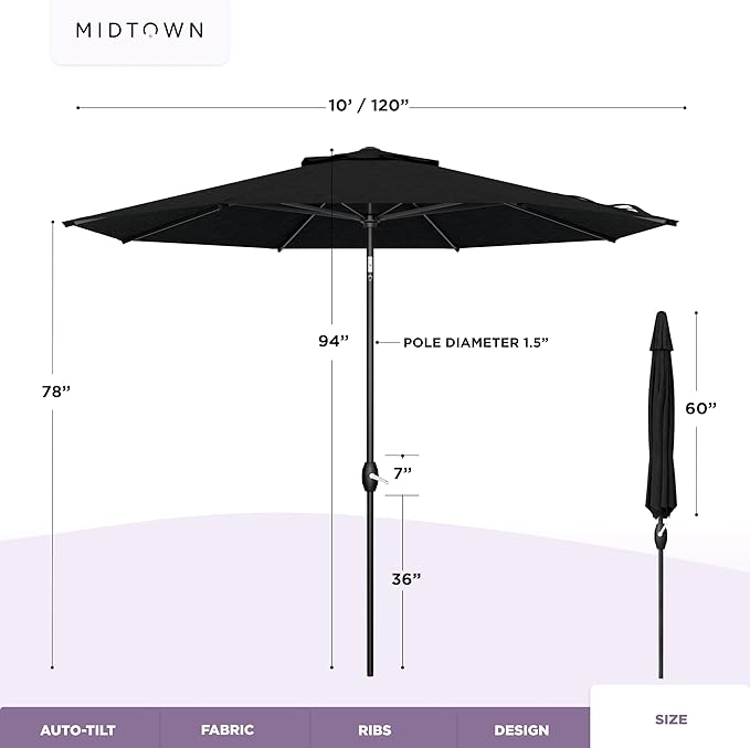 Midtown Umbrellas - The Lean 10 Ft Patio Umbrella with Fade-Resistant Sunbrella Fabric, Auto-Tilt Aluminum Frame and 8 Reinforced Ribs for Deck, Pool & Garden - Red Canopy, Black Pole
