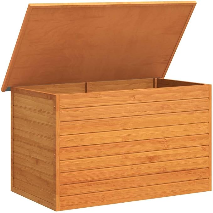 Outdoor Storage Box 49.6 inch Wood Deck Chest with Waterproof Roof for Patio Garden Cushion Blanket Organizer Brown