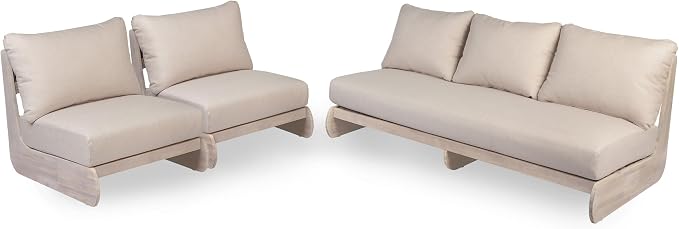 Christopher Knight Home Isabel 5-Seater Outdoor Patio Furniture Set with Cushions, Acacia Wood Patio Conversation Set with 3-Seater Sofa & Club Chairs, 3 Piece Sectional Sofa Set, Light White + Sand