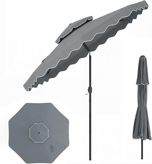 Happygrill 9 FT Patio Umbrella, Scalloped Outdoor Table Market Umbrella with Push Button Tilt & Crank, 2-Tier Vented Top, Heavy-Duty 8 Metal Ribs, Sun-Protective Canopy, Ruffle for Deck Pool Garden (Gray)