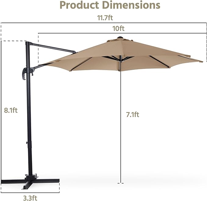 LAUSAINT HOME Patio Umbrella Outdoor, 10 FT Cantilever Umbrella Aluminum Offset Umbrella with 360-degree Rotation for Backyard, Pool, Lawn, Deck (Round, Khaki)