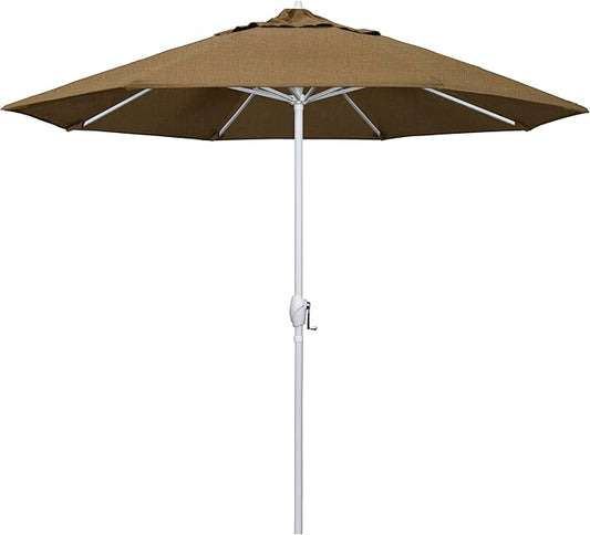 California Umbrella 12-Year Protection 9' Rd Aluminum Patio Umbrella, Crank Lift, Auto Tilt, White Finish, Sunbrella Linen Sesame