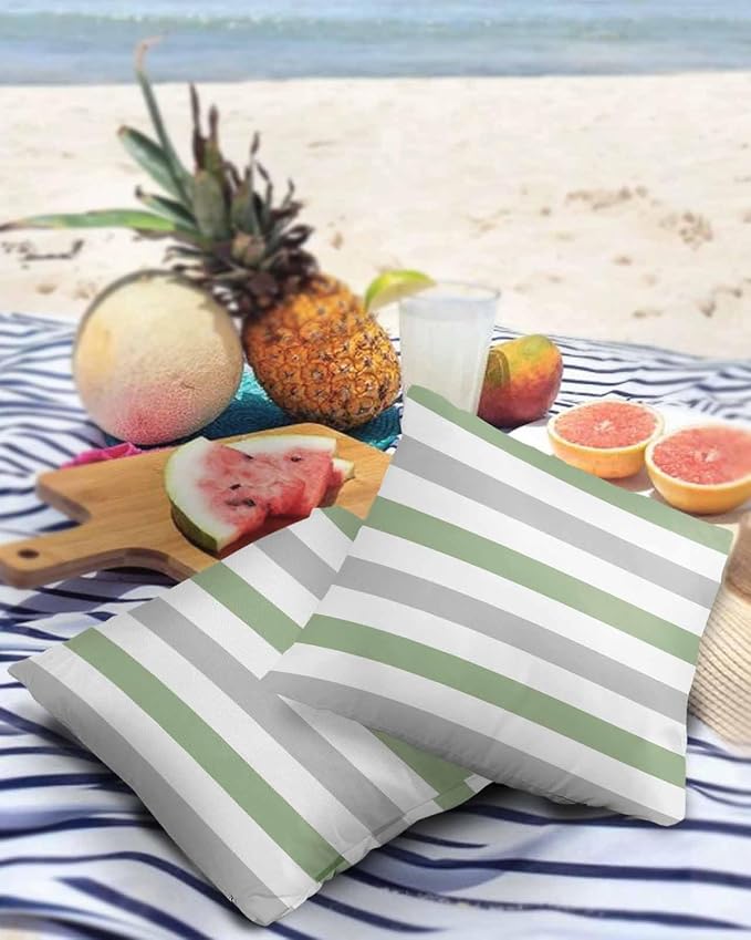 Outdoor Waterproof Throw Pillow Covers 20x20Inch, Spring Stripes Sage Green Cushions for Garden Patio Furniture Chairs Set of 2, Grey Home Decor Couch Sofa Polyester Pillow Cases