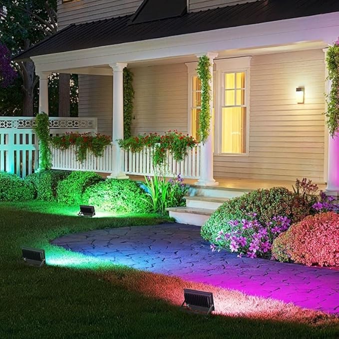 LED Flood Light Outdoor, 500W Equivalent 5000LM Smart RGB Landscape Lighting with APP Control, DIY Scenes - Timing - Warm White 2700K - Color Changing Uplight, IP66 Waterproof, 43 Modes (4 Pack)