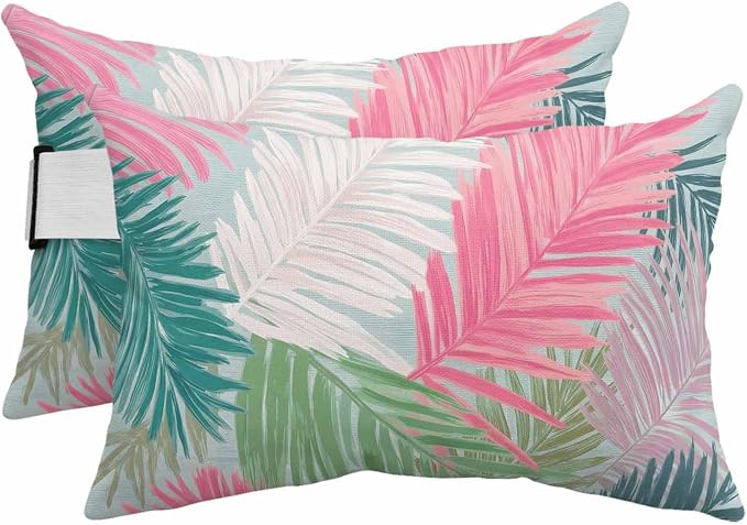Outdoor Pillow for Chaise Lounge Chair Summer Botanical Palm Leaves Headrest Pillow with Adjustable Elastic Strap Set of 2,12x20 inch, Colorful Tropical Fronds Foliage Head Pillows for Patio Pool