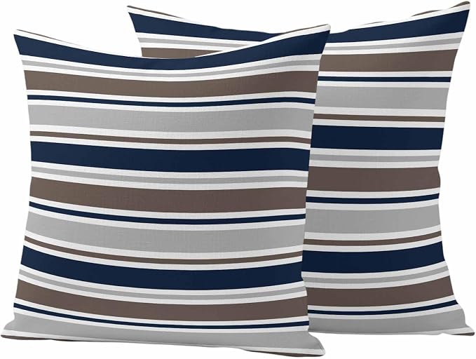 Grey Navy Blue Striped Outdoor Pillow Cover 18x18 Inch Cushion Sham Case, Farmhouse Stripes Modern Abstract Art Waterproof Decorative Square Throw Pillowcase for Outside Garden Patio Porch Couch Chair