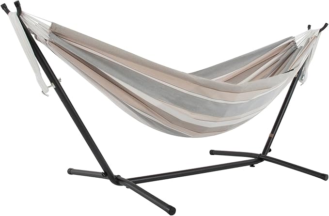 Vivere Double Sunbrella Hammock with Space-Saving Steel Stand, Heavy-Duty Portable Outdoor Hammock Set for Backyard, Patio, or Travel, Dove