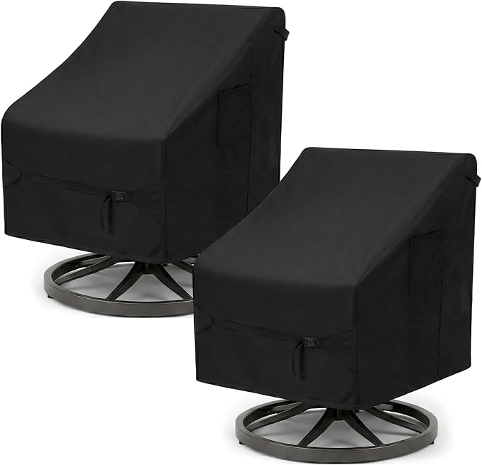 Dntorx 2 Pack Waterproof Patio Chair Covers, 32W x 35D x 36H Inches Durable Patio Furniture Covers with 1 Handbag for Lounge Deep Seat, Adjustable Waist Belt & Windproof & Breathable(Black)
